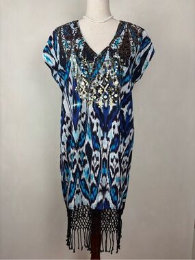 Figue Blue Ikat Sequin Crochet Dress XS Luxury Swim Beach Travel Summer Boho